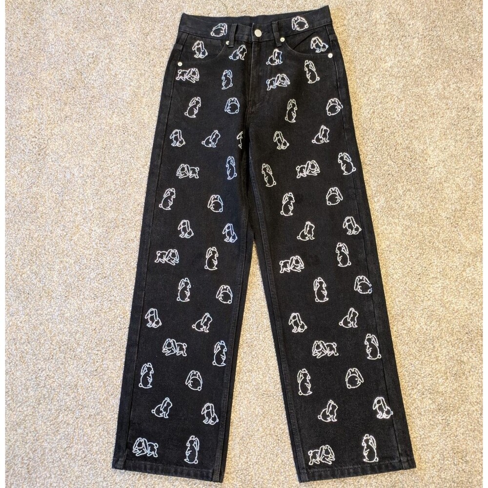 Bedazzled Rhinestone Allover Bunny Rabbit Black Denim Jeans Pants Womens 27x27